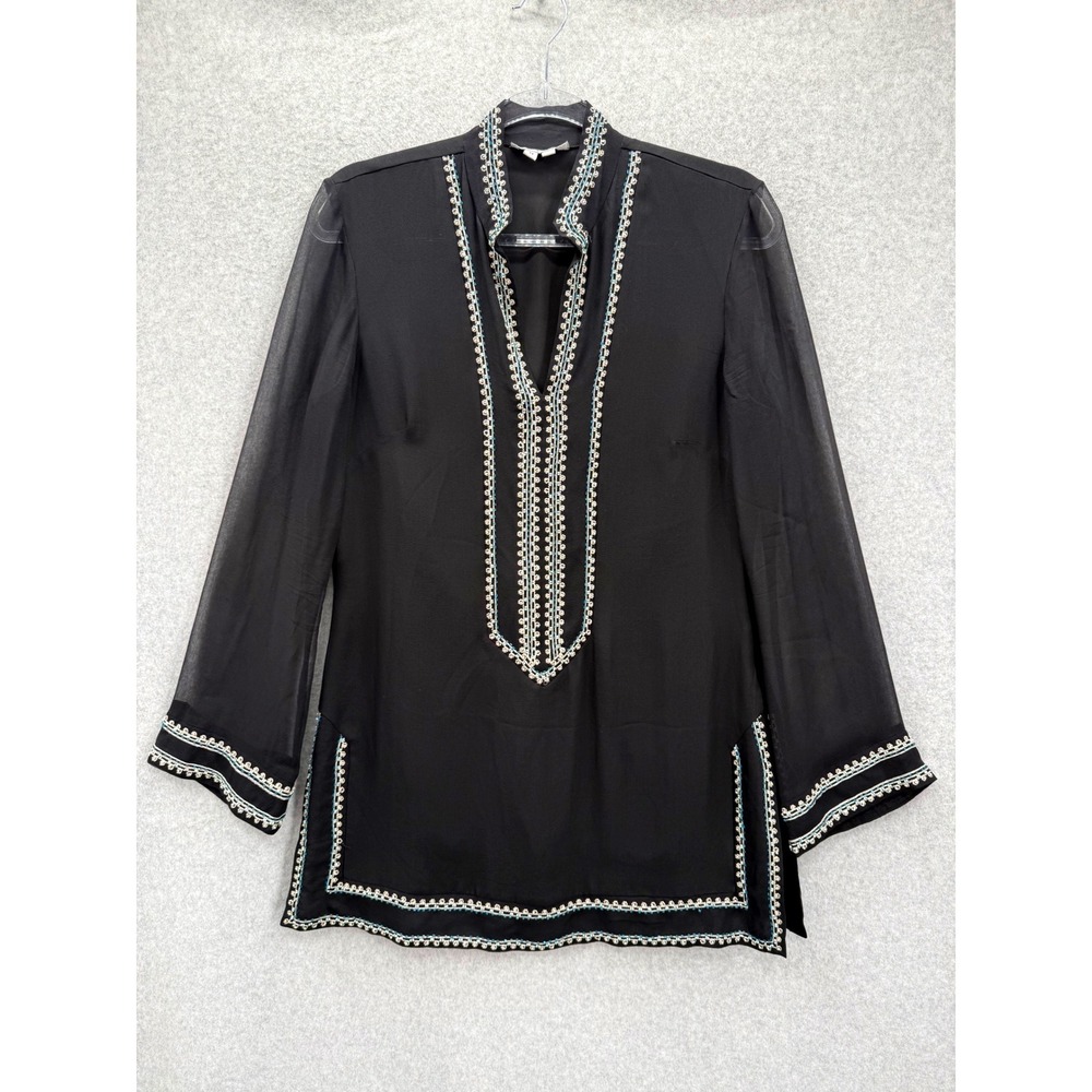 I.C.E. Silk Tunic Top Women Medium Black Beaded Embroidered Sheer Sleeve Kaftan